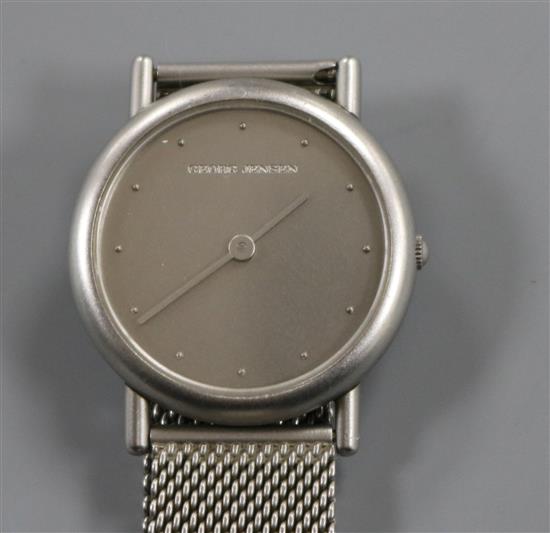A ladys Thorup & Bonderup for Georg Jensen stainless steel quartz wrist watch, on mesh bracelet.